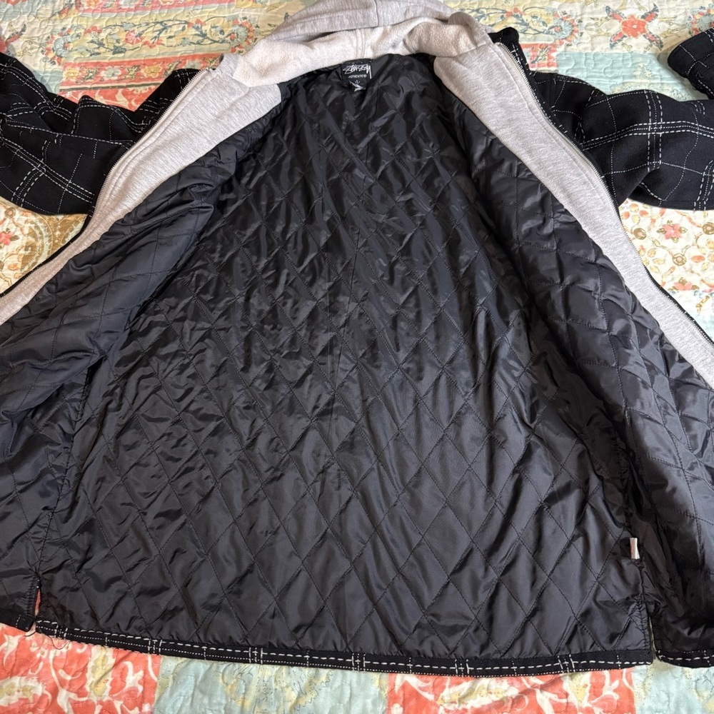 Stussy Black and White Plaid Quilted Lined Hooded Shirt Jacket Wool Cotton sz L - Picture 9 of 10